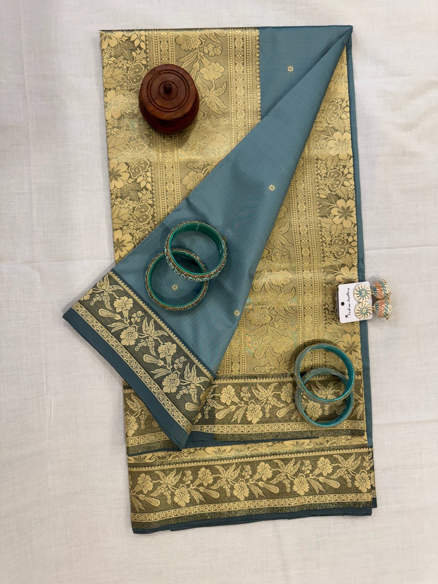 Banarasee Reshmi Buti Tissue Silk Saree - Slate Blue