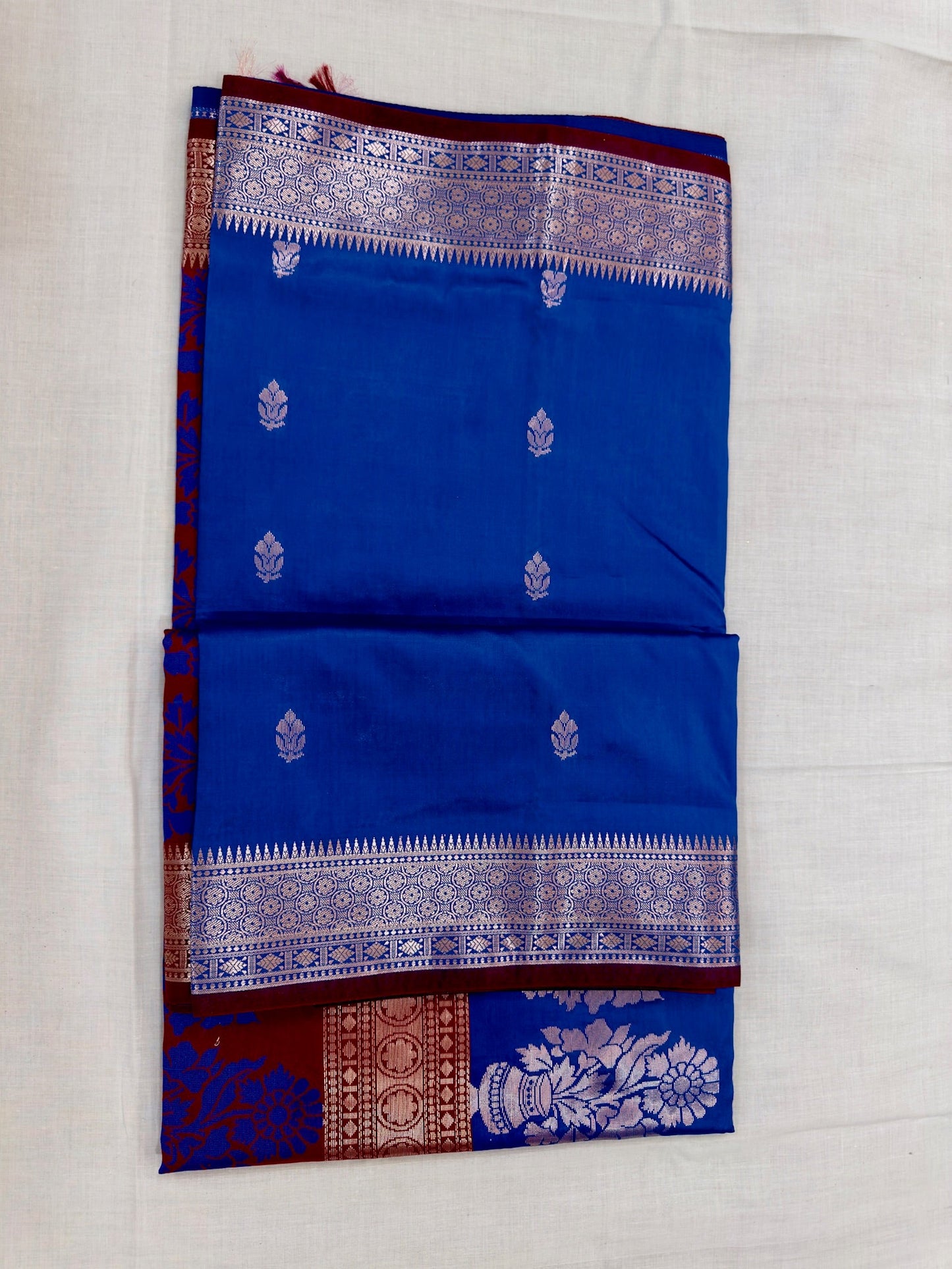 Banarasee Achari Buti Silk Saree - Royal Blue & Maroon
