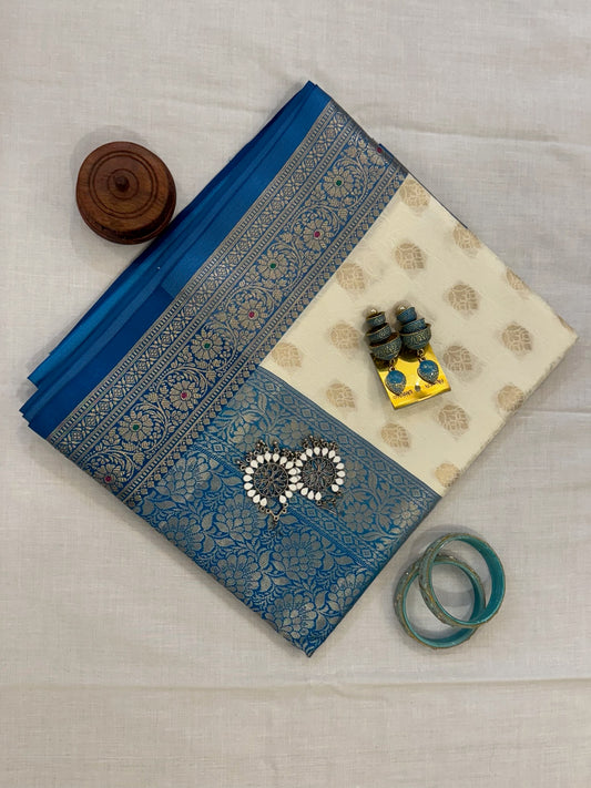 Banarasee Tanchoi Silk Saree - Ivory & Peacock Blue