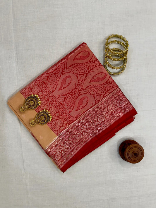 Banarasee Buti Silk Saree - Beige & Deep Red