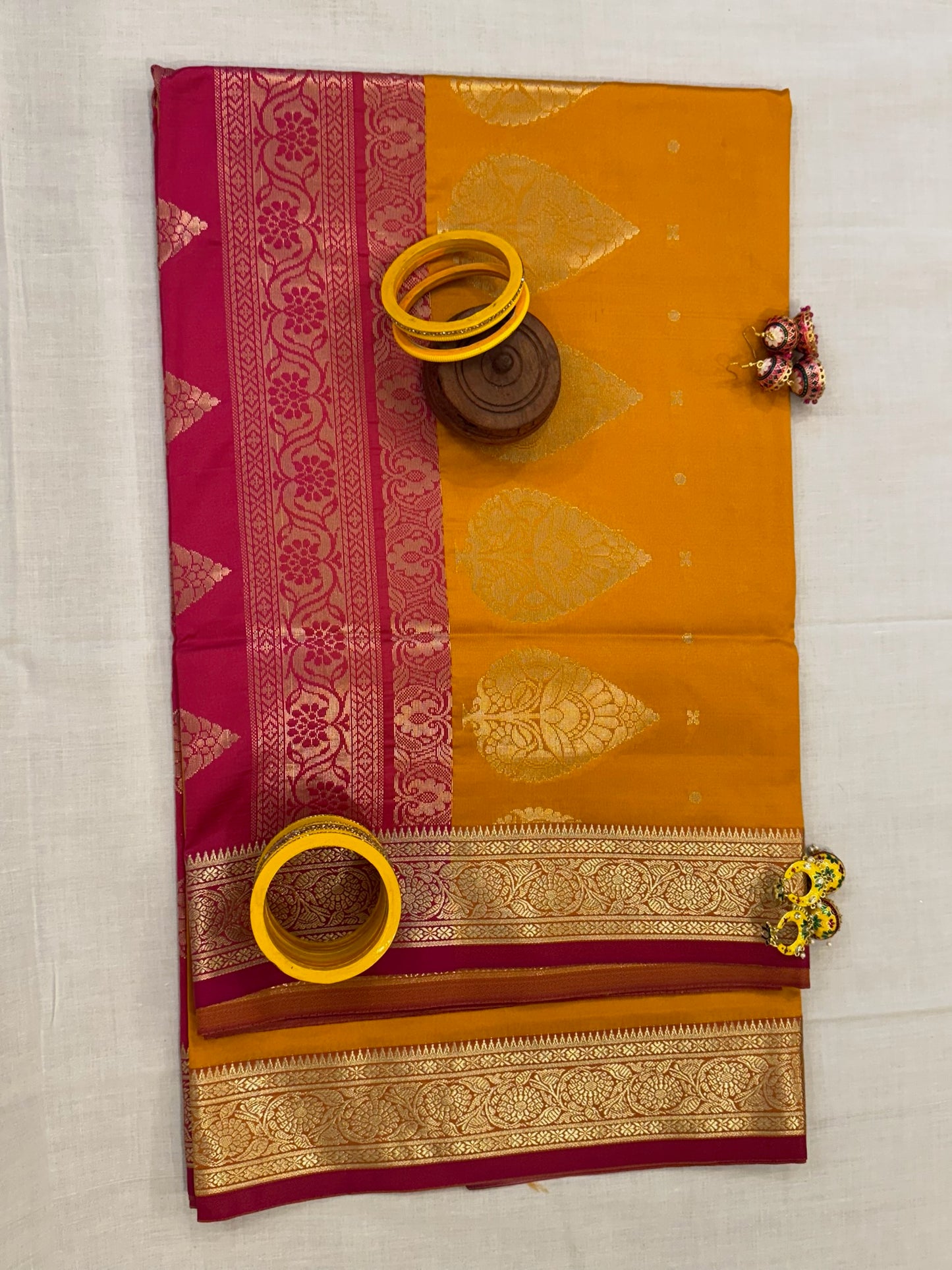 Banarasee Achari Buti Silk Saree - Yellow and Pink