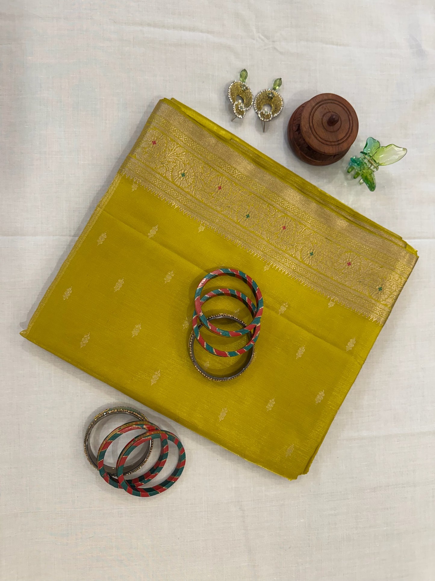 Banarasee Buti Silk Saree - Lemon Green