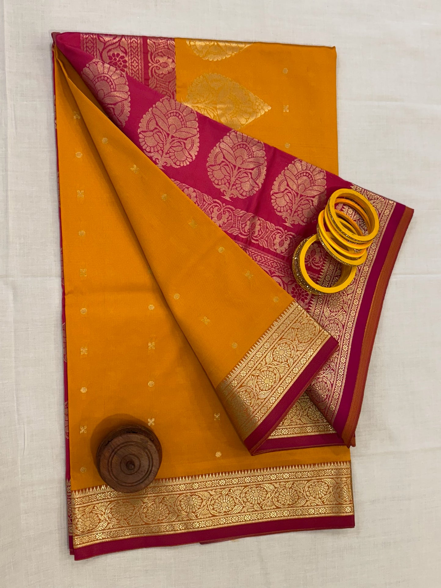 Banarasee Achari Buti Silk Saree - Yellow and Pink