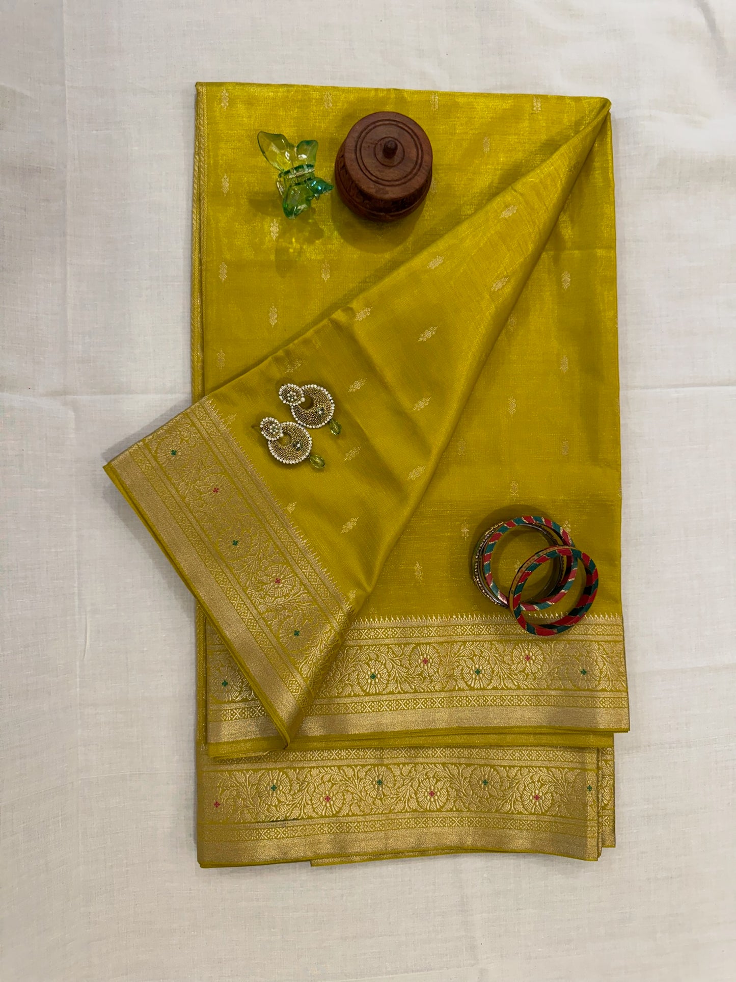 Banarasee Buti Silk Saree - Lemon Green