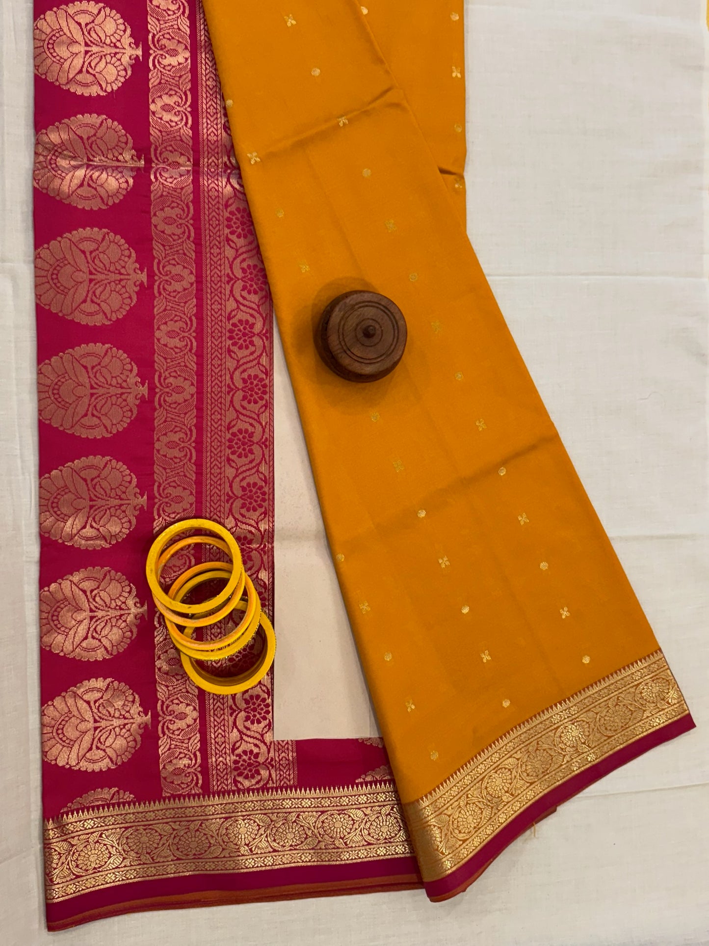 Banarasee Achari Buti Silk Saree - Yellow and Pink