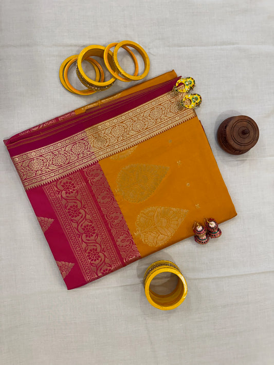 Banarasee Achari Buti Silk Saree - Yellow and Pink