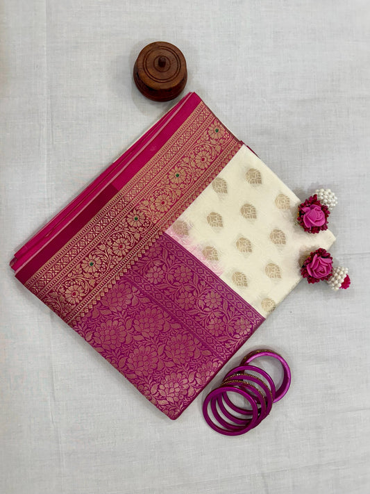Banarasee Tanchoi Silk Saree - White cream & Magenta Pink